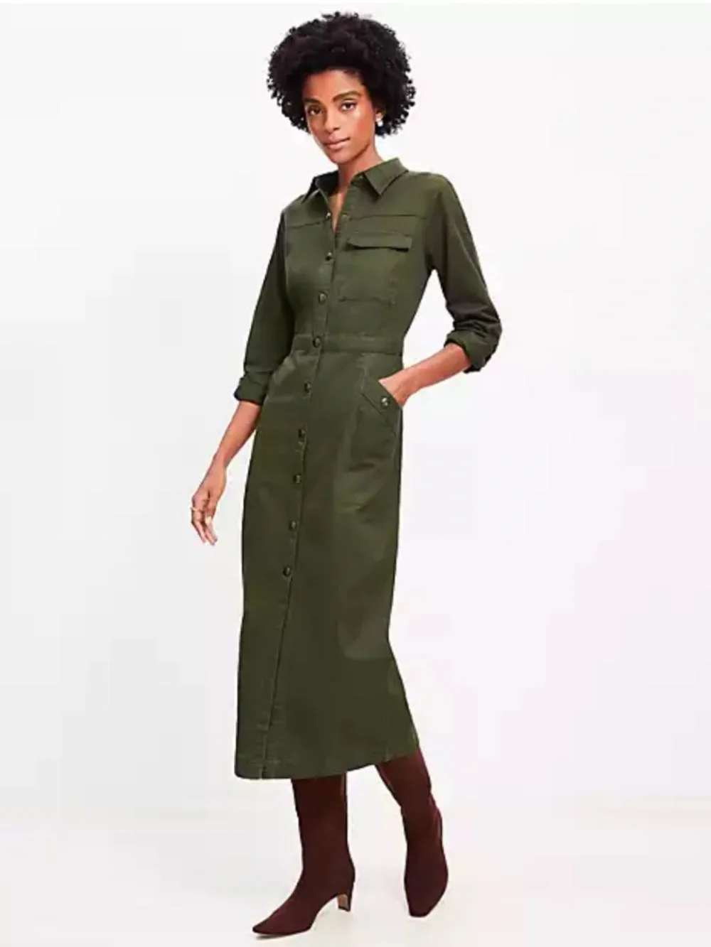 LOFT Olive Green Button-Front Midi Shirt Dress